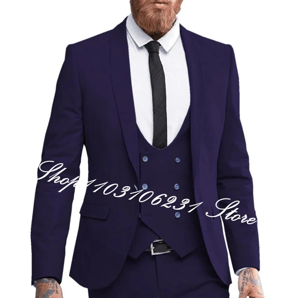 

Formal Men's Suits Slim Fit Navy Blue Shawl Lapel Elegant 3 Pieces Groom Tuxedos Wedding Blazer Vest Pants Trajes De Hombre