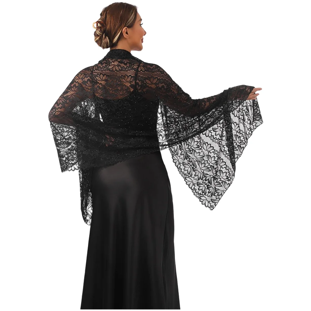 Women Formal Wear Types - Lightweight Lace Shawl with Rhinestone Embellishment