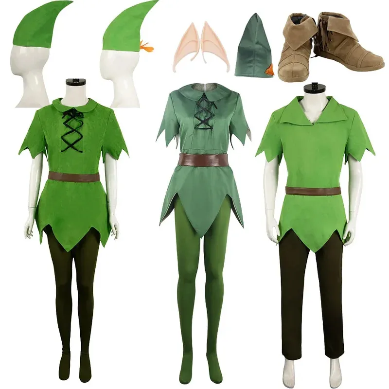 

l2025l New Fantasy Movie Peter Cosplay Jumpsuit Pan Costume Ears Belt Stockings Boots Hat Shoes Men Women Adult Outfit Halloween