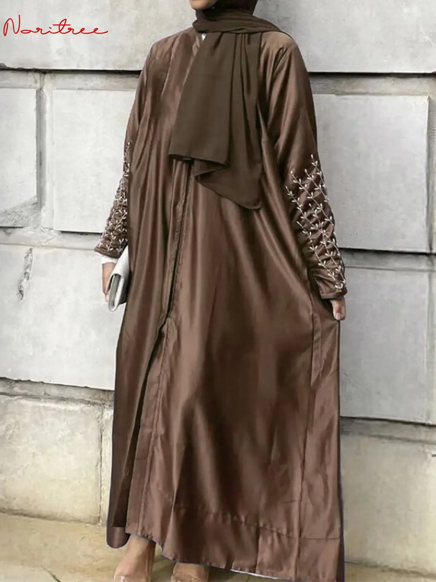 Silky Beading Djellaba Muslim Dress Dubai single breasted Flare Sleeve Abaya Dubai Turkey Muslim Islam Robe With Pockets WY1524