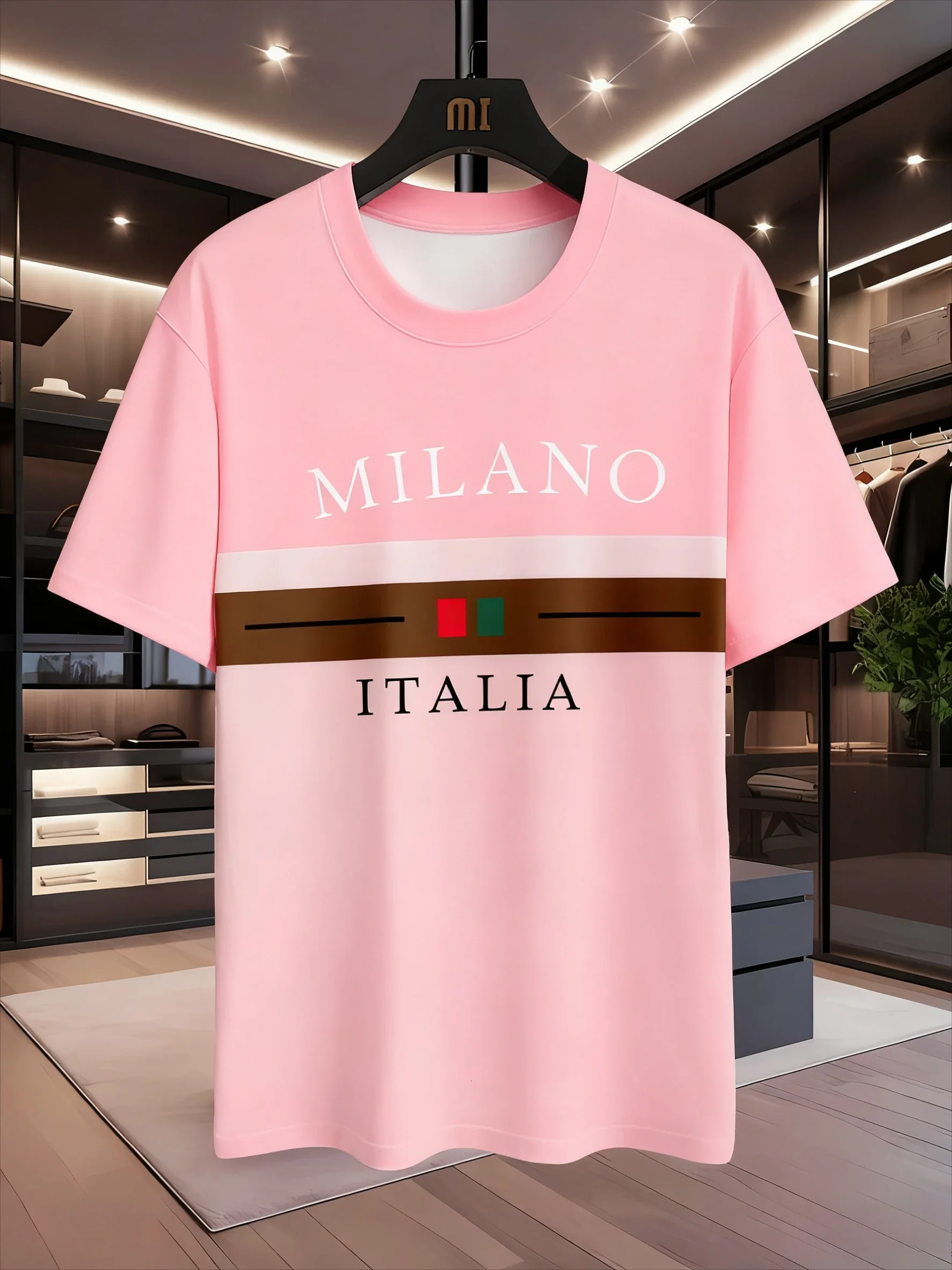 البوليستر قصيرة الأكمام عارضة طاقم الرقبة المحملة ميلانو إيطاليا طباعة الرجال تي شيرت منتظم صالح طفيف تمتد النسيج مخطط نمط