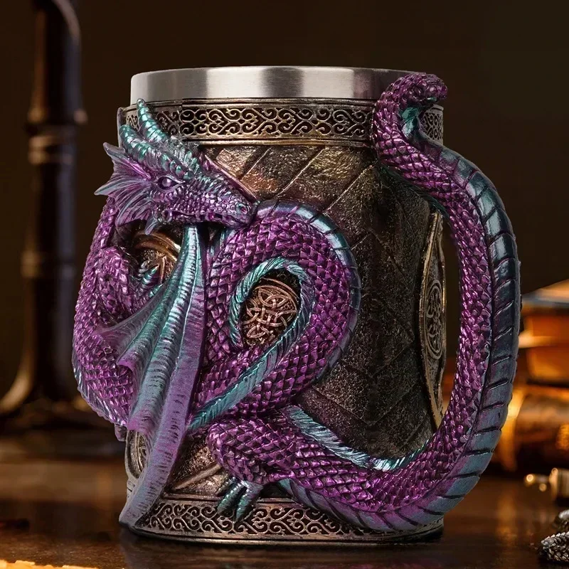 Creative 3D Dragon Beer Cup Resin 304 Stainless Steel Gothic Wine Goblet Viking Medieval Tankard Mugs Bar Decoration Men's Gift