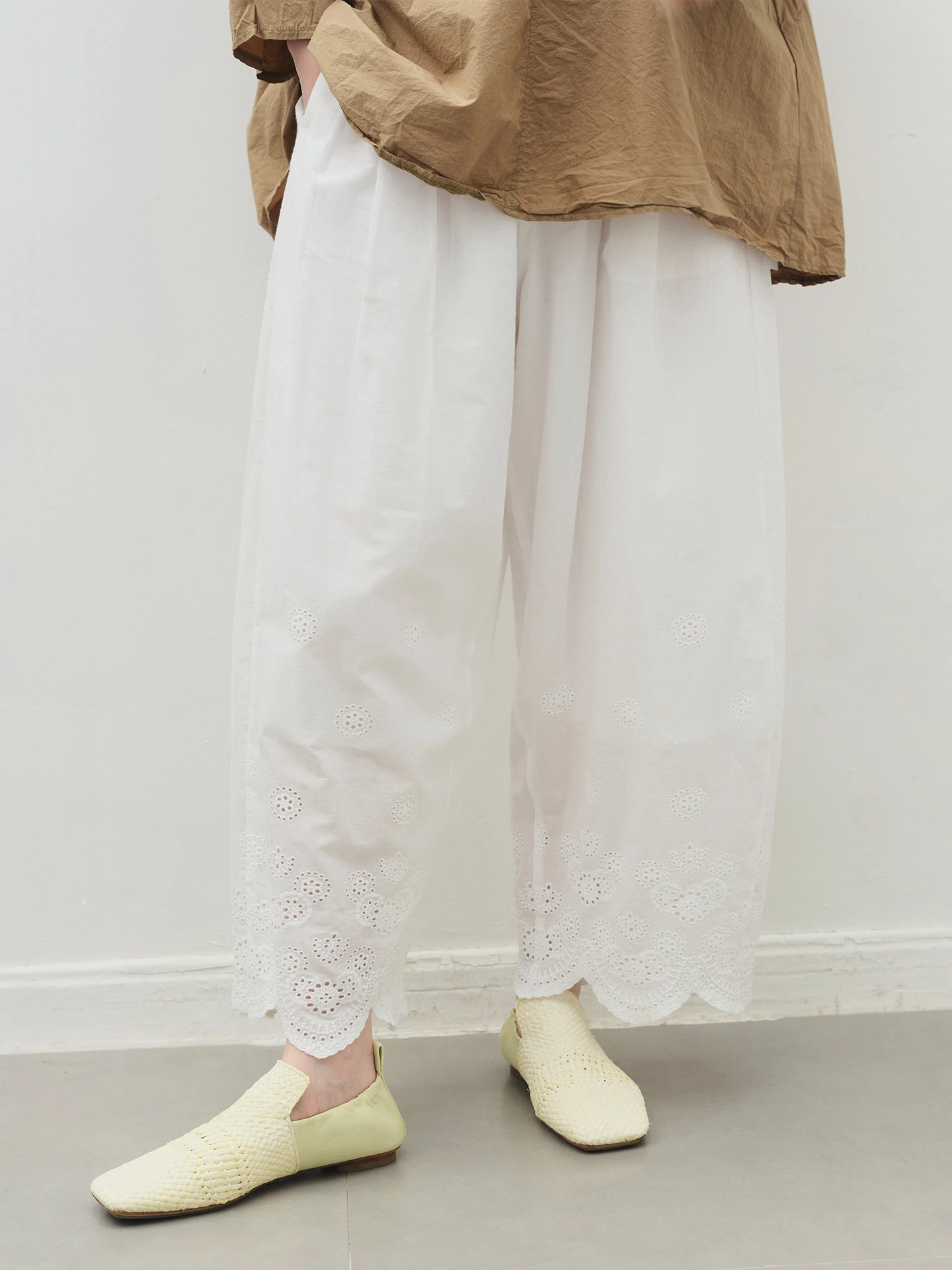 Sularo Embroidery Craft High Density Cotton Flat Weave Belted Nine-Piece Pants Women's Casual Loose Fit Elastic Waistband