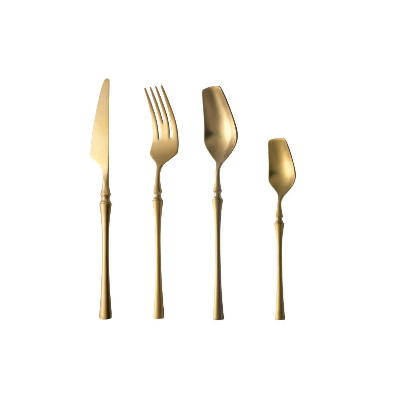 Matte Golden Cutlery Set 304 Stainless Steel Steak Knife Fork Spoon Set Vintage Fruit Fork Tea Spoon Western Tableware Set