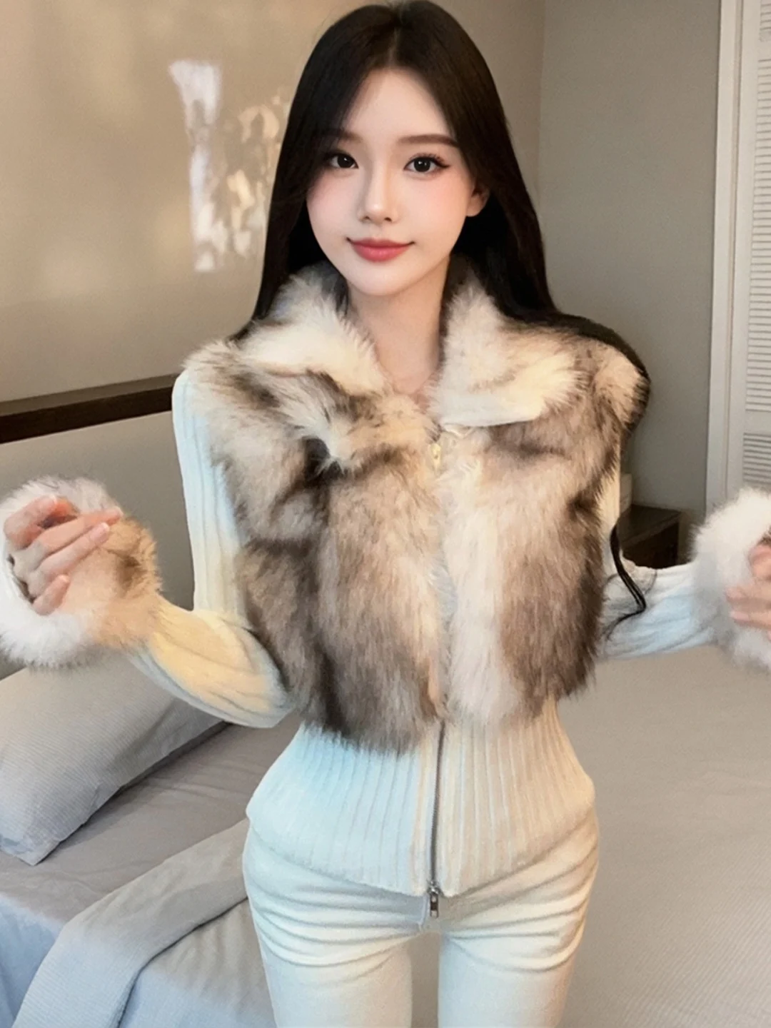 

Fashionable Thickened Knitted Coat with Double Zipper And Fur Collar for Women Sexy Chic Style Standard Fit Inner Wear for Au...
