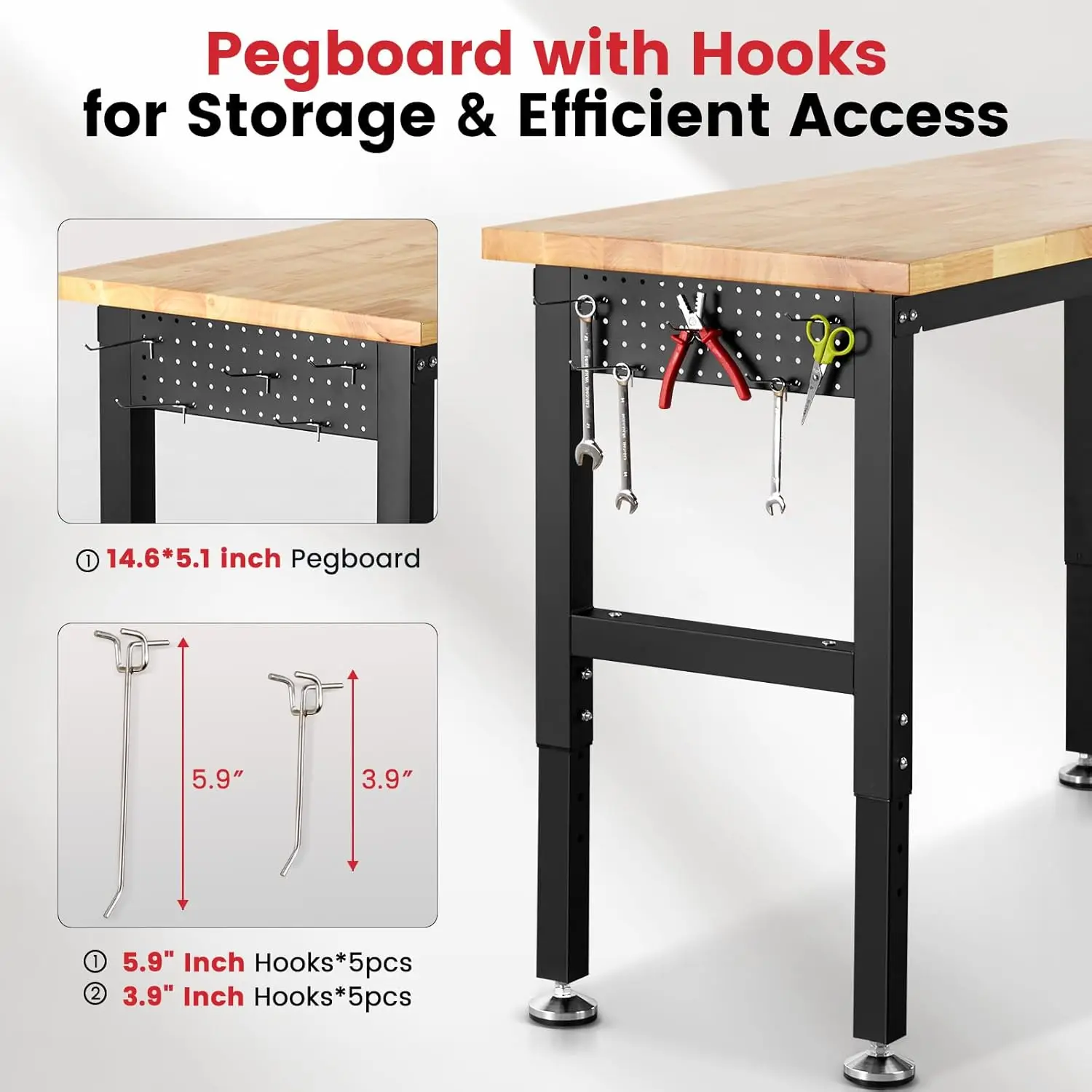 Workbench untuk garasi tinggi dapat diatur bangku kerja dengan Pegboard stop kontak daya kayu karet meja kerja untuk memotong kayu W