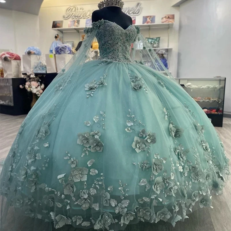 Vestidos de Quinceañera de princesa Verde menta, vestido de baile sin hombros, tul Floral, perlas dulces, 16 vestidos, 15 Años, mexicano