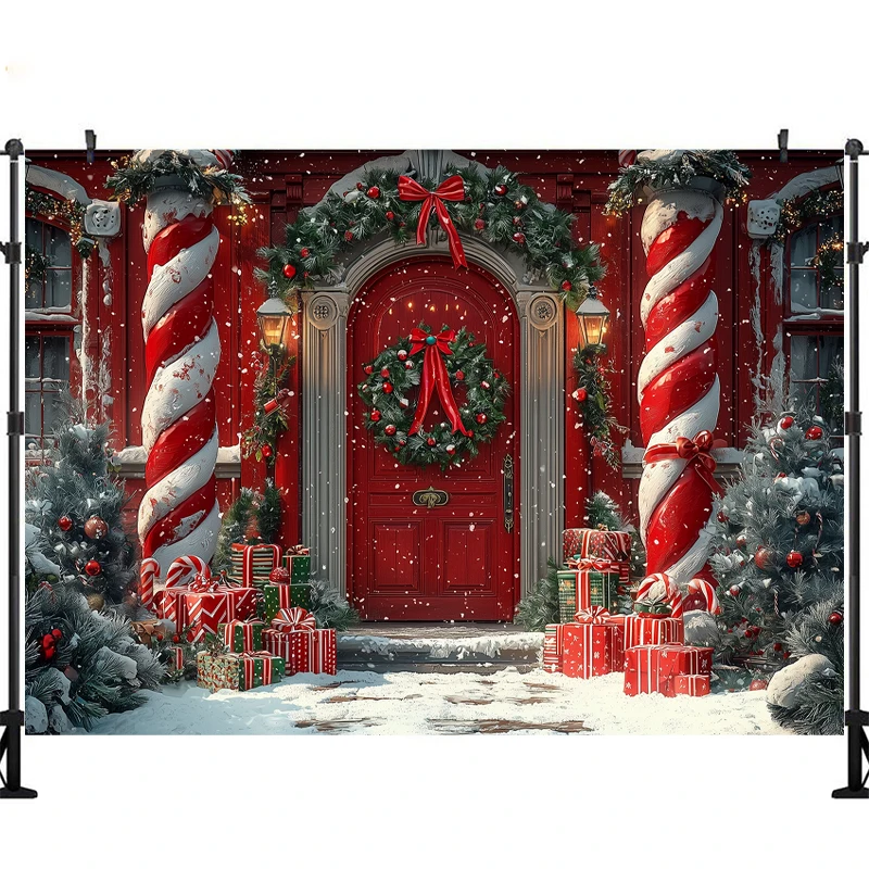 LS Christmas Photography Background Xmas Tree Wooden Door Wreath Holiday Decor Children Portrait Photo Backdrops Studio Props
