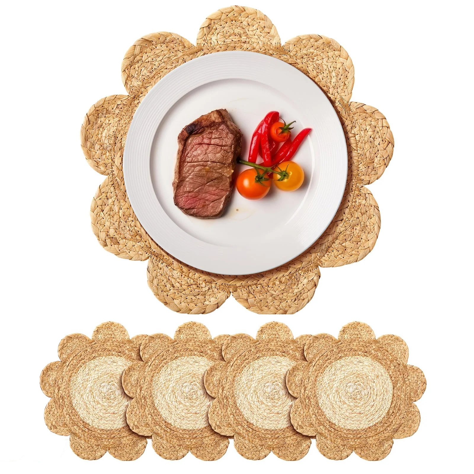 

Set of 4 Round Woven Rattan Placemats Woven Combination Table Mats Boho Farmhouse Braided Straw Placemats for Dining Table