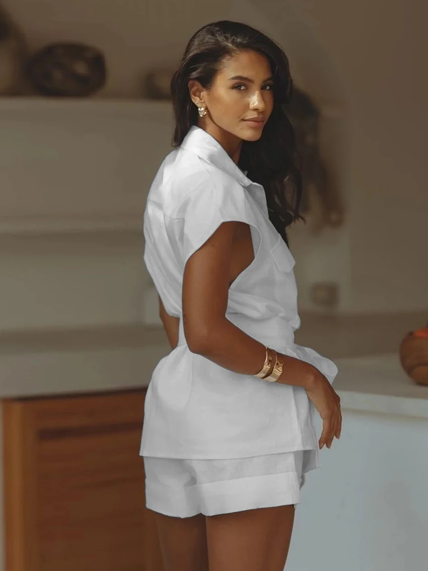 Marthaqiqi Fashion Ladies Sleepwear Suit Sexy Turn-Down Collar Pajamas Lace Up Nightie Sleeveless Nightwear Shorts Nightgown Set