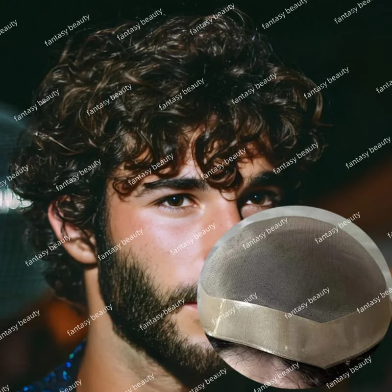 

Mono Pu Men Toupee #2#4 ash brown 10mm 15mm 20mm Curly afro Human Hair Capillary Prosthesis Men's 6" Wigs for Man Fashion Choice