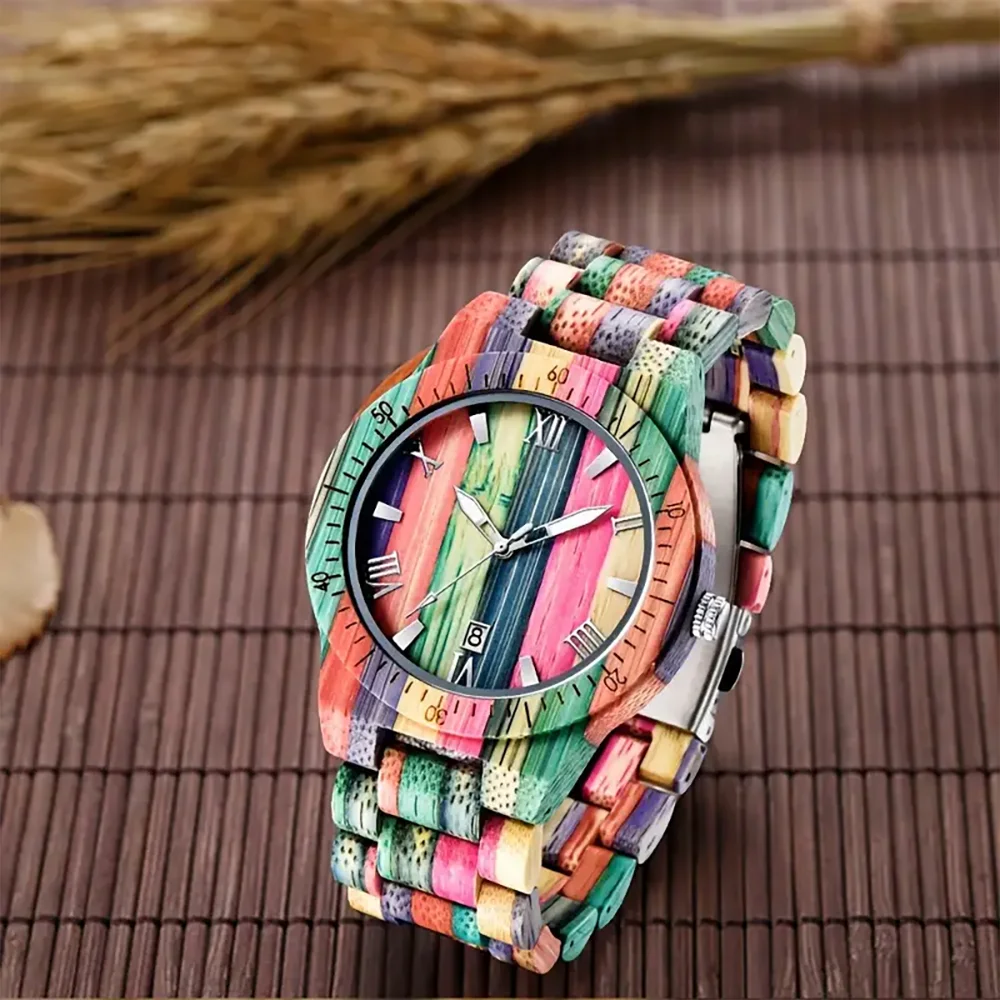 

Men Quartz Watches Calendar Square Dial Colorful Bamboo Wooden Watch Natural Bracelet New Vintage Wood Male Best Birthday Gifts