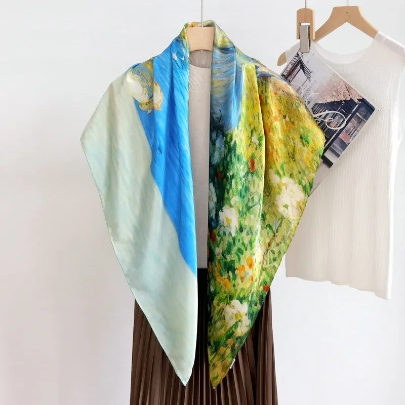 High-end Elegant Women Fine Oil Painting Seaside Girl Print Quality Plain Satin Silk Hand-rolled Edge Large Square Scarf Shawl