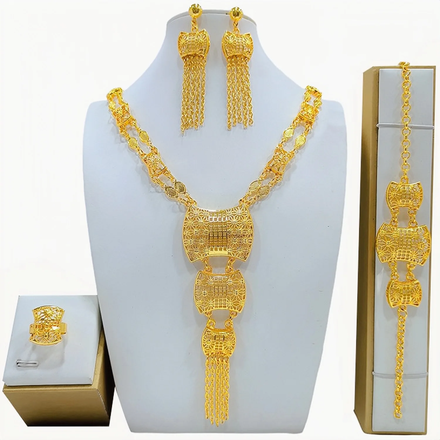 Imagem -03 - Conjunto de Jóias de Casamento Nupcial para Mulheres Colar Banhado a Ouro 24k Anel Pulseira Brincos Novo Yy10214