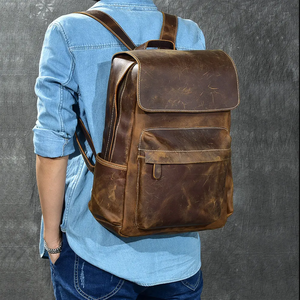 Crazy Horse Leather Men's Backpack Large Capacity 15.6 Inch Laptop Bag First Layer Cowhide Men Travel Backpacks Male Schoolbags