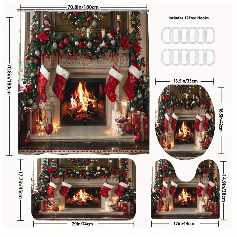 Christmas Fireplace Stockings Bathroom Set - 1PC/3PCS/4PCS, Machine Washable, Fade Resistant Polyester Bath Ensemble with Free H