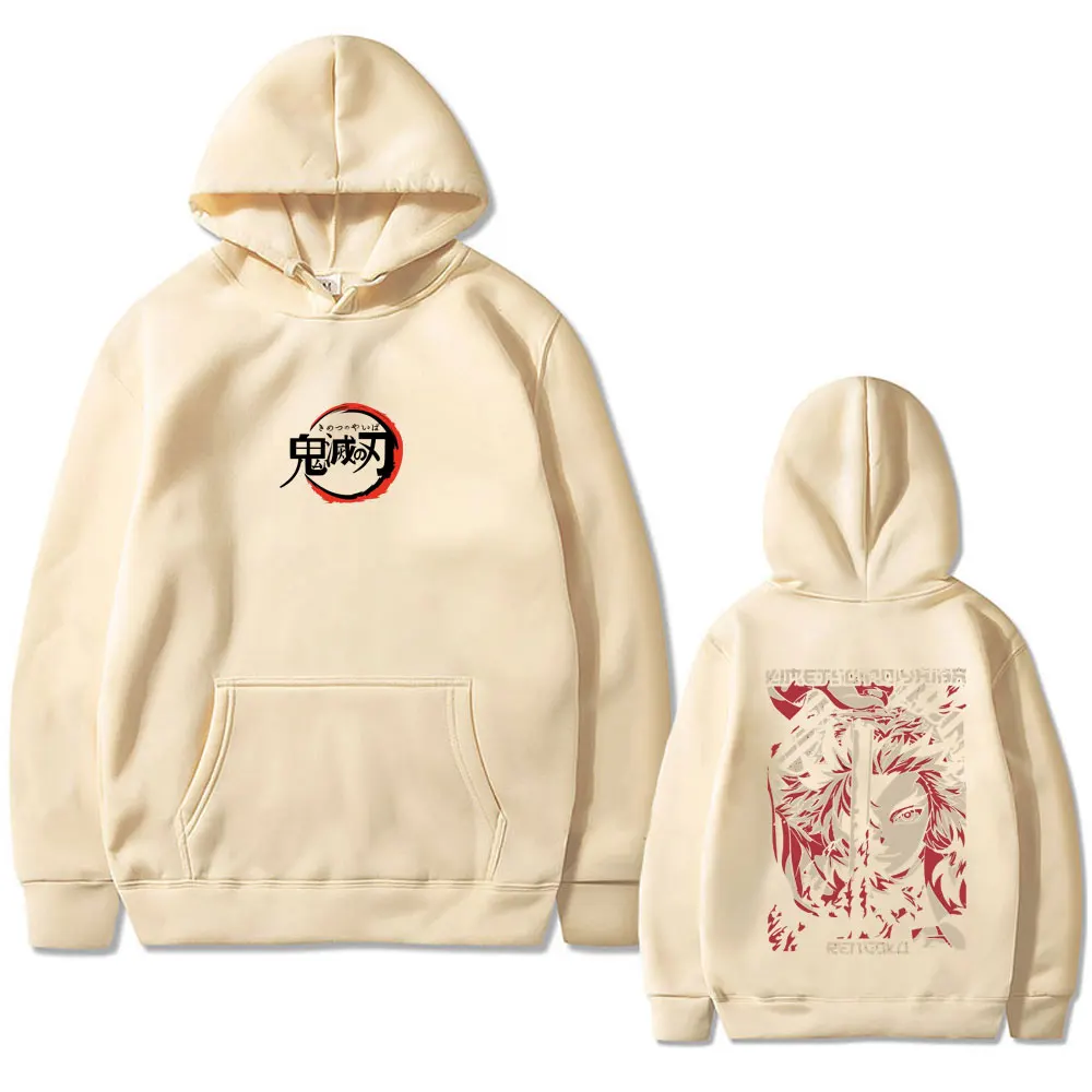 Anime Demon Slayer Rengoku Kyoujurou Double Sided Print Hoodie Men Women Casual Fleece Oversized Streetwear Male Vintage Hoodies