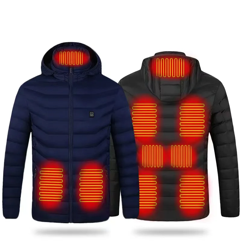 Chaqueta de calefacción eléctrica para hombres, control dual, nueve zonas, interruptor de alimentación USB, chaqueta con capucha de algodón cálida inteligente, gran oferta