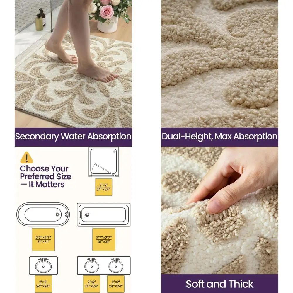 

Floral Microfiber Bath Mat, 31x31, Non-Slip, Washable, Soft and Absorbent, Beige Square Shower Rug