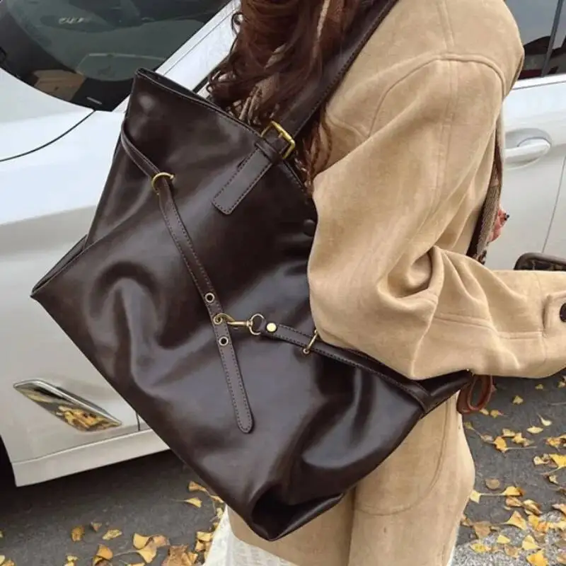 Bolsa tote vintage marrom de grande capacidade, fivela de metal, decoração casual, bolsa de ombro versátil, bolsa feminina elagant