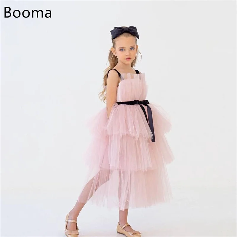 

Booma Flowers Girl Dresses Tulle Spaghetti Straps Pleat Sleeveless Wedding Party Dress for Kids Girls Prom Gowns Customized