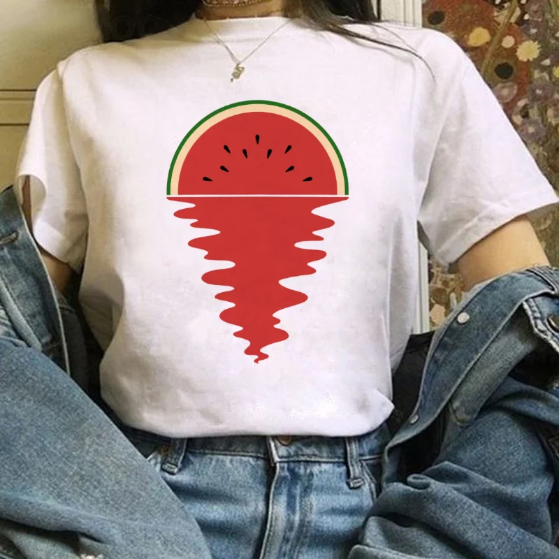 Women's Printed Watermelon Pattern White T-Shirt Fun Women's Casual Style Summer Regular Versatile Short Sleeved T-Shirt Top