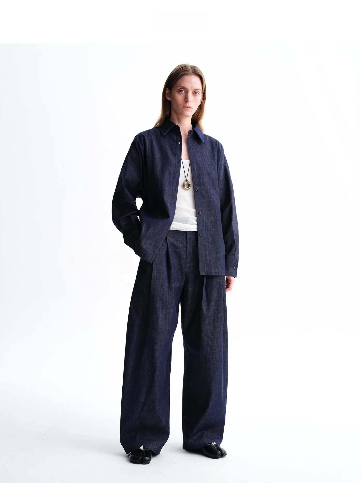 Natural  Cotton Double Pleat Loose Knife  Denim Jeans Women's mid Waist Straight Leg Blue Jeans Cotton Casual Pants