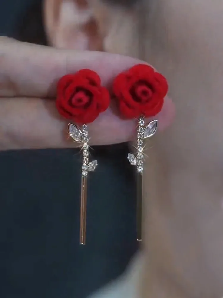 New Year's red flocked rose flower stud earrings women's light luxury high-end temperament diamond earrings