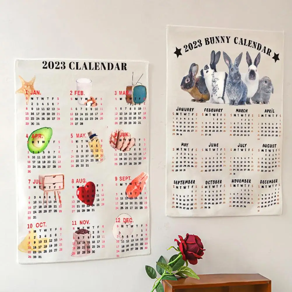 Coelho ano pendurado calendário pano, calendário de parede macia, decoração bonita, 2023