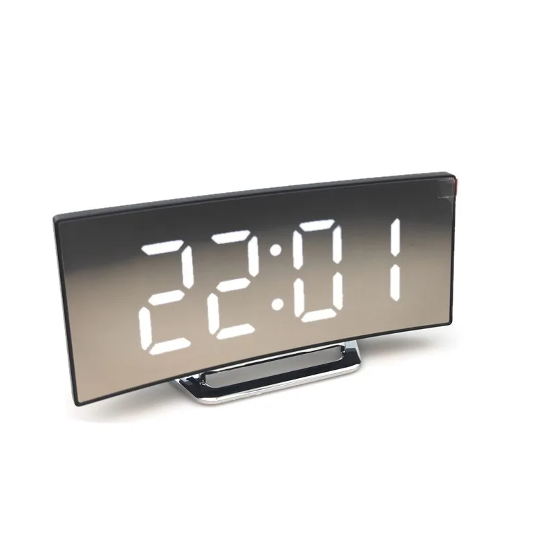 Curved Screen Mirror LED Digital Clock Creative Alarm with Large Display USB Charging Powered Bedside Table