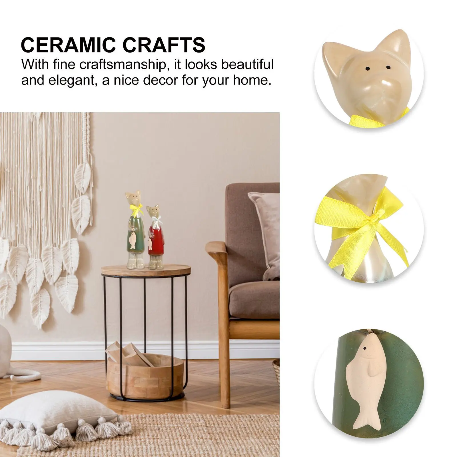 

1Pair Ceramic Cat Statue Home Decor Accessories Long Lasting Non Fading Cartoon Design Warm Visual Enjoyment Desktop