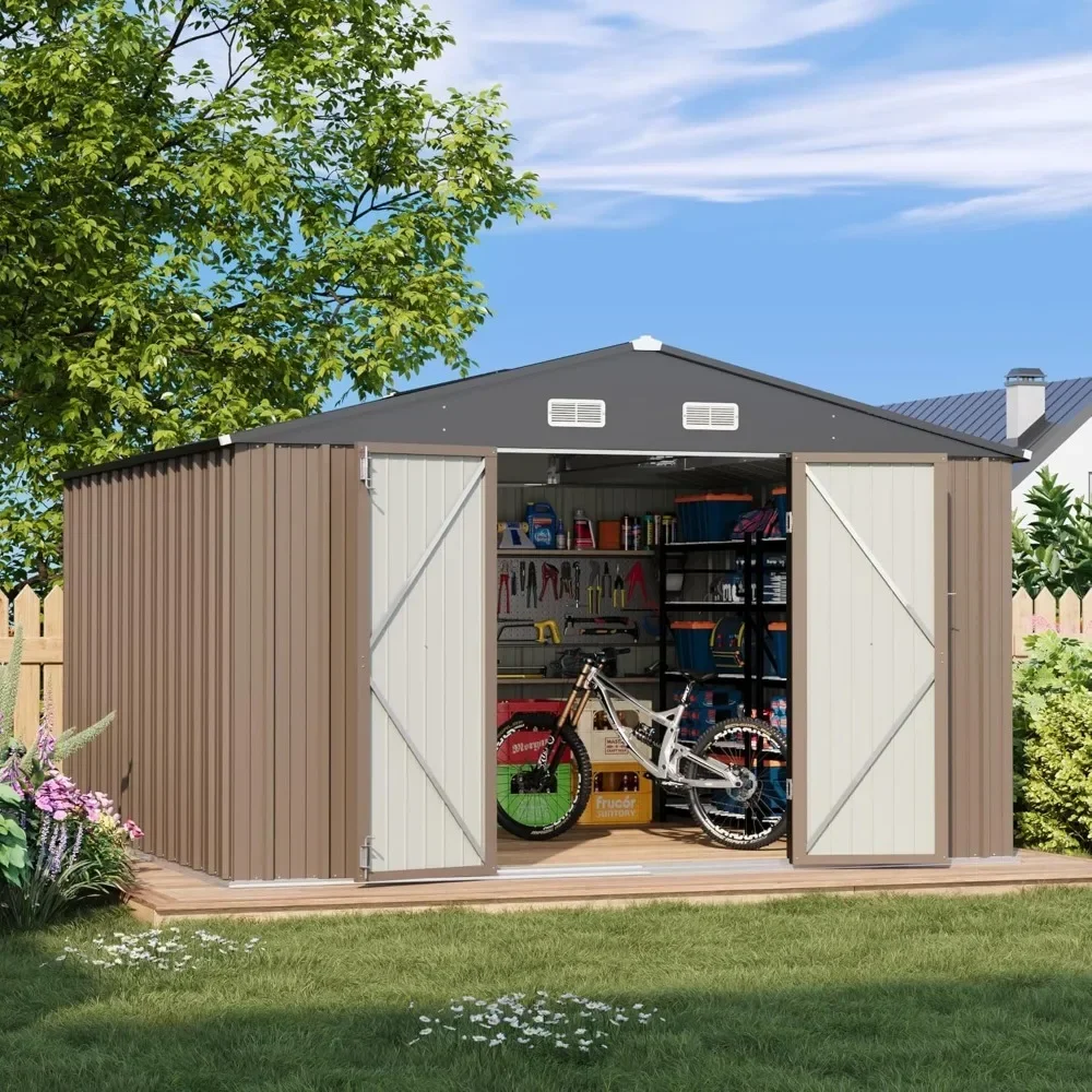 10 x 10 feet outdoor storage shed, metal yard shed, designed with lockable doors for storing tools for outdoor use