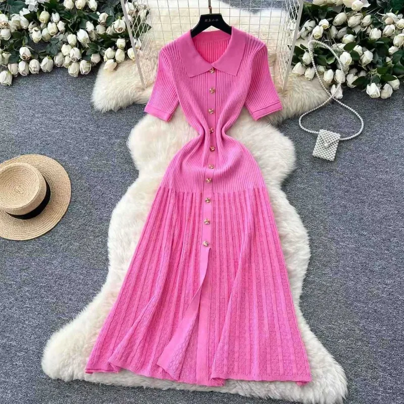 

Fashion Elegant Patchwork Knitted Long Dress Spring Summer Women Button Up Shirt Sweater Dress Y2k Korean Lady Party Vestido 원피스