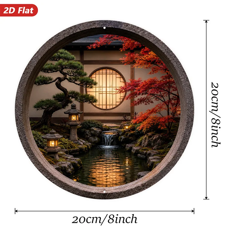 2D Flat, 1pc Round Metal Sign Wall Art, Japanese Garden Scene Home Decor, with Bonsai Tree, Red Maple, Lanterns, Waterfall, Idea