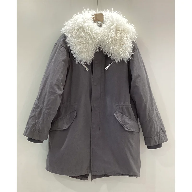 Zadig Grey Long Coats Loose Winter Tops Female Casual Jacket And Cotton Coat Set Women Outdoor Zipper Jackets Large Fur Collar