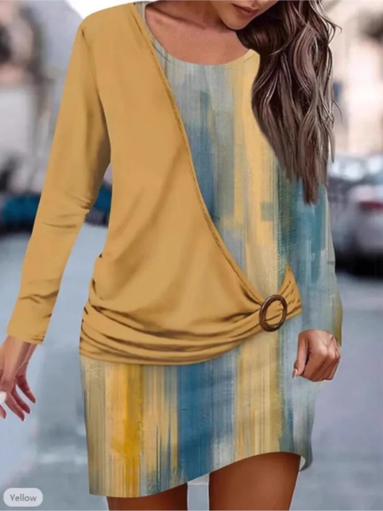 

Spring Autumn Women's Color Block Casual Dress Female Fashion Print O Neck Long Sleeve Dresses Ladies Loose Knee-high Vestidos