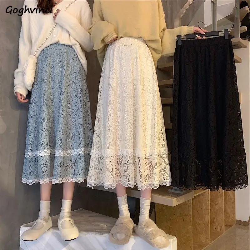 

Skirts Women Kawaii Lace Chic Princess Girlish Midi New Fashion Empire Spring All-match Gentle Elegant Female Ulzzang Aesthetic