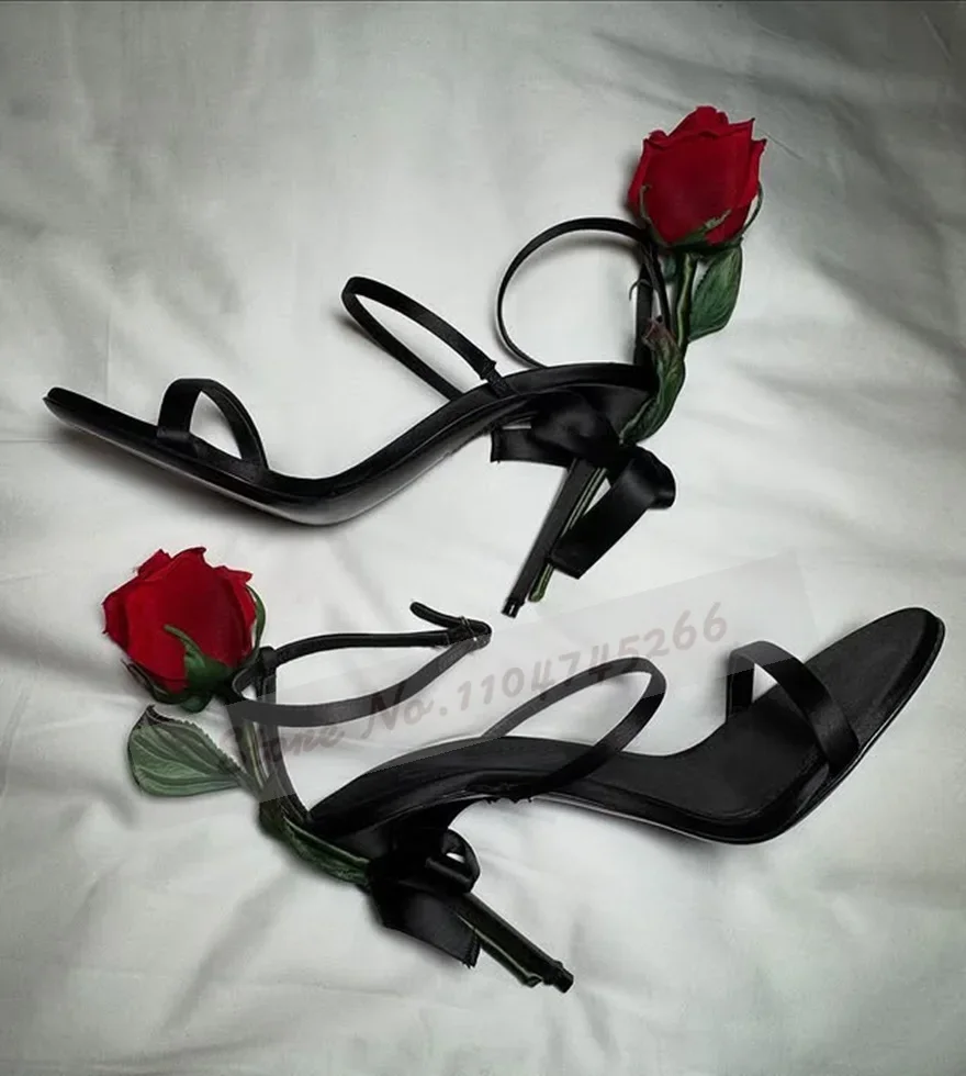 Women 3D Green Leaf Red Rose Heel Sandals Black Satin Narrow Band High Heel Shoes Stiletto Heels Blossom Floral Wedding Shoes