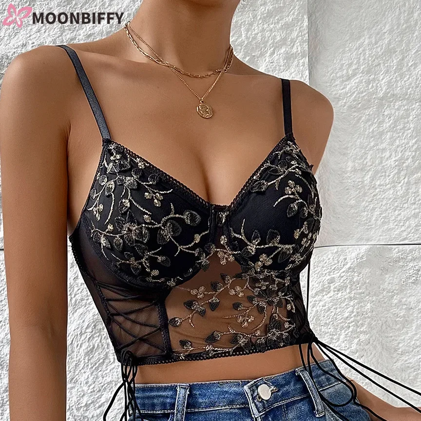 Lace-up Crop Camisole Tops Corset Top Floral Embroidered Perspective Lace Underwire Y2k Women Exquisite Tank Top Corset Mujer