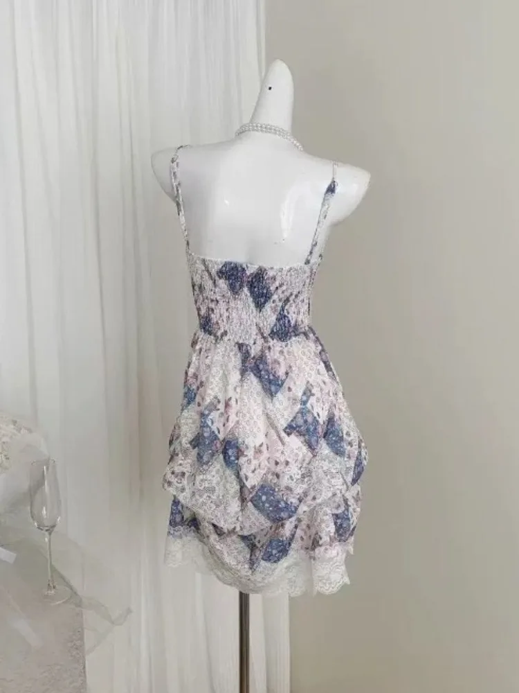 Nowa Letnia Słodka Kawaii Damska Sukienka Vintage Japońska Dziewczęca Styl Y2K na Imprezę Plażową Kwiatowy Wzór Codzienna Lekka Odzież