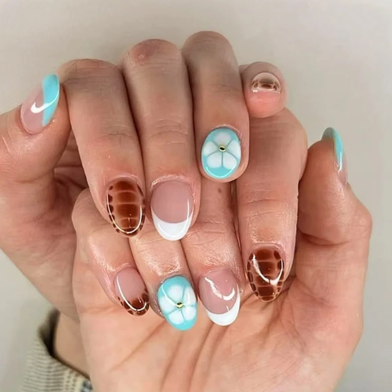 

24PCS Short Almond False Nails French Press on Nails Simple Fresh Flower Design Arbor Color Summer Glue on Fake Nails for Women