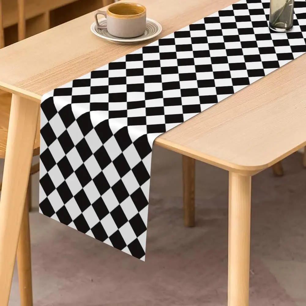 Black White Checker Board Linen Table Runner Dresser Scarves Table Decor Farmhouse Kitchen Dining Table Runner Party Decor