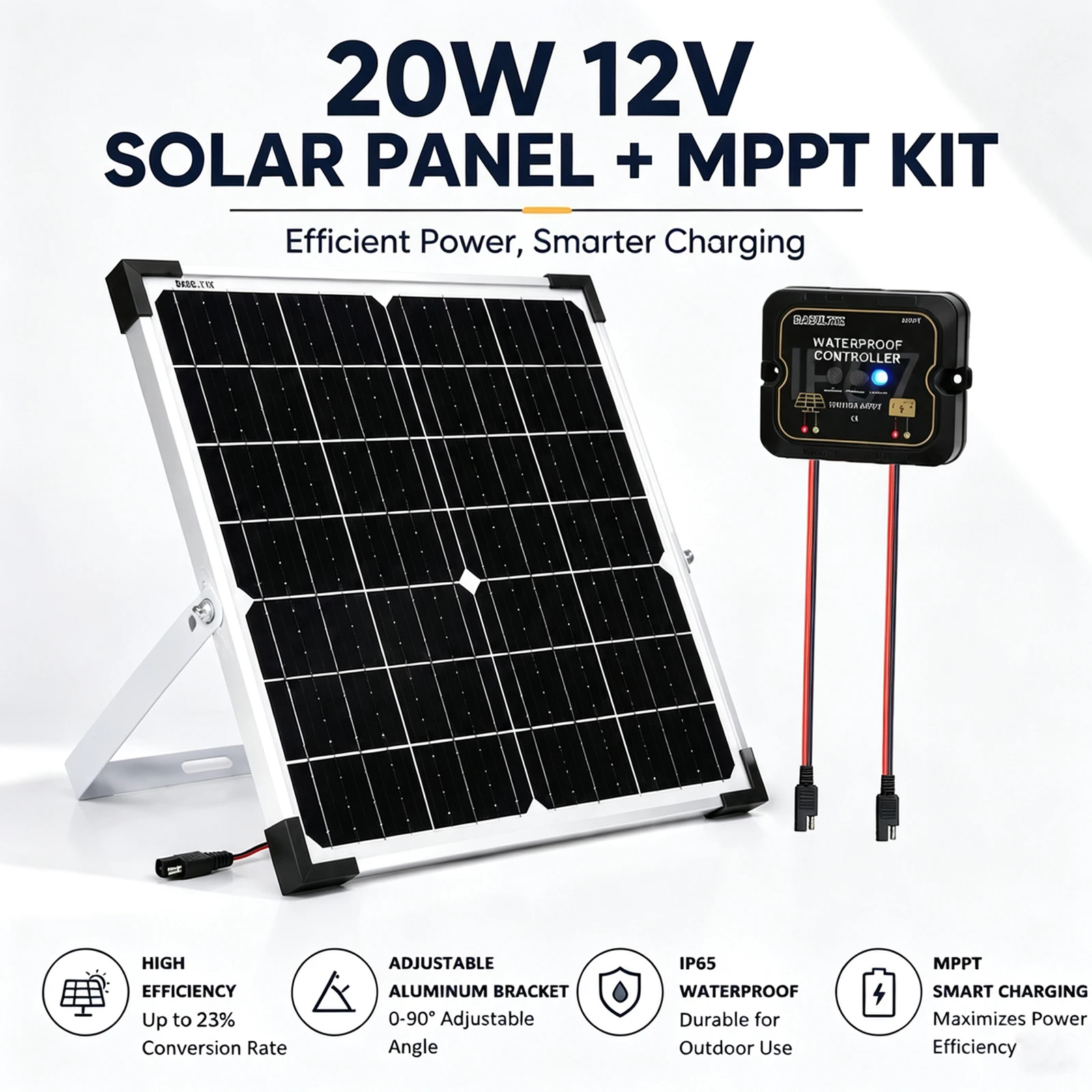20W 12V Solar Battery Trickle Charger Maintainer Kit Waterproof Solar Battery Charging Panel with MPPT Controller for Car RV Boat Marine Trailer Motorcycle