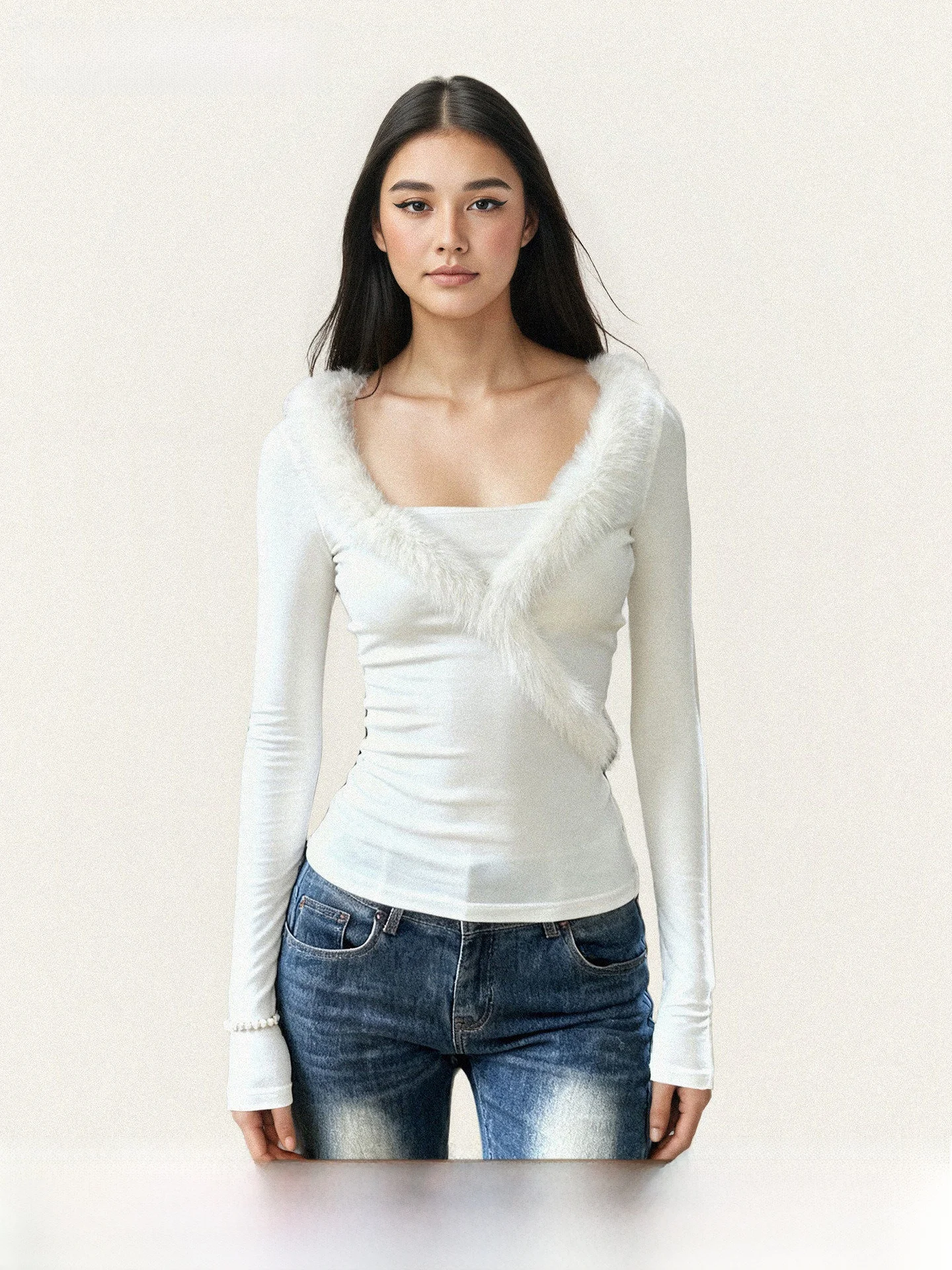 

Fff Retro White Fur Collar Patchwork Long Sve Slim Fit Waist Cinching V-Ne Base irt Simple Sle Inner Wear T-irt