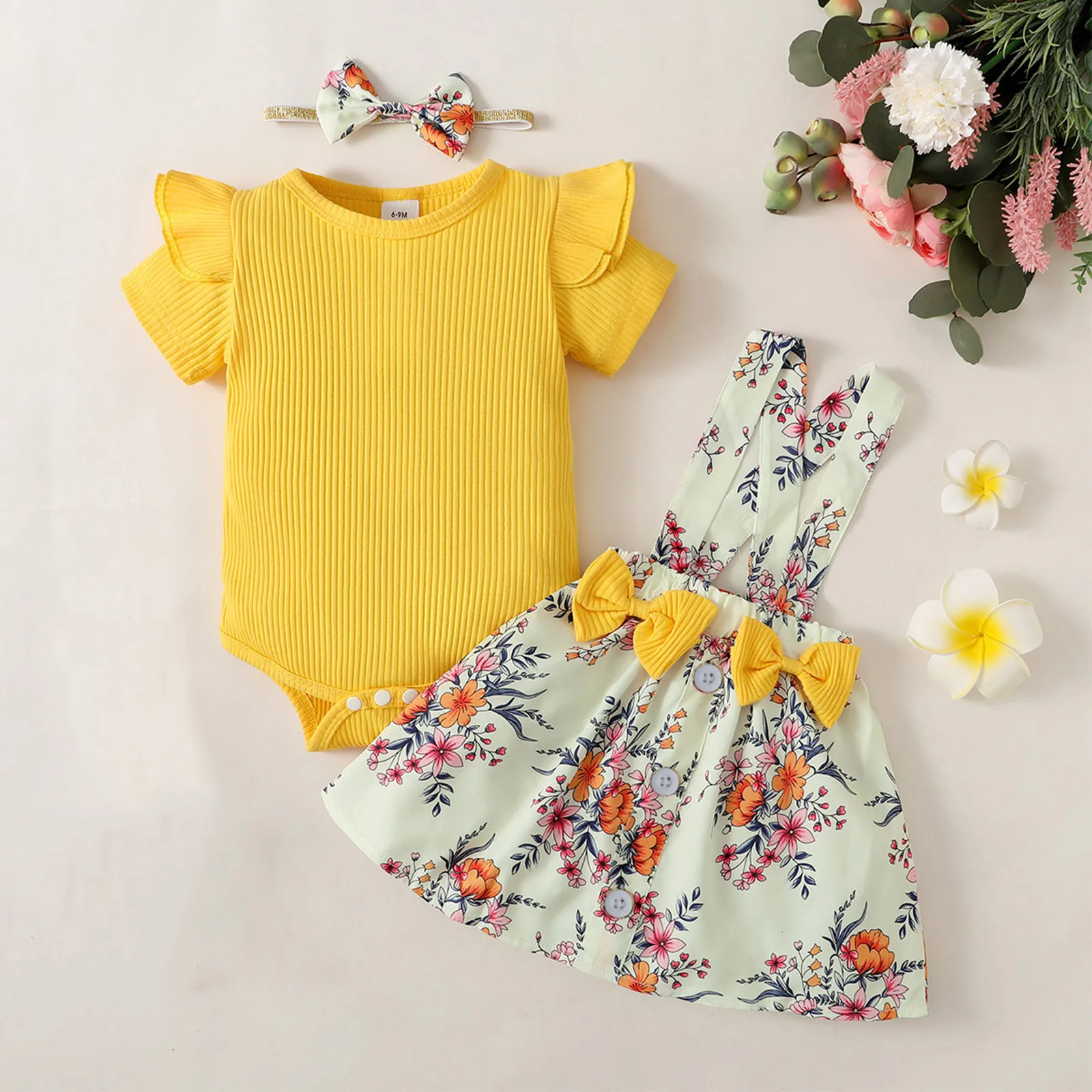 3pcs Newborn Baby Girls Clothes Sets Summer Short Sleeve Romper Bodysuit Top Floral Skirts 3 6 9 12 24 Months Headband Outfits