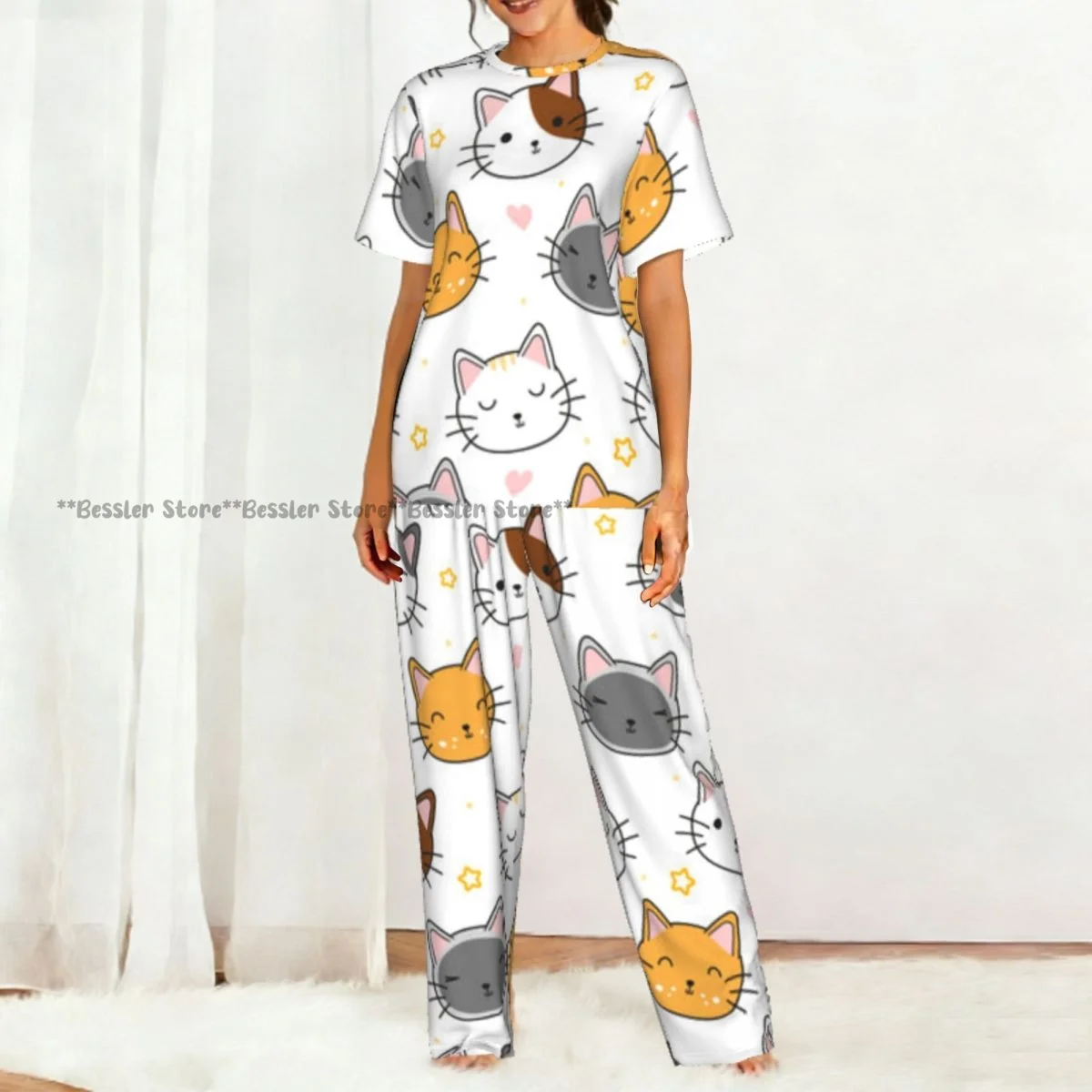 Women's Pajamas Set Cute Cats With Stars And Hearts Short Sleeve Sleepwear 2 Piece Homewear Loungewear 5