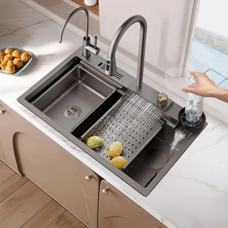 

Feiyu Large Single Sink Kitchen 304 Stainless Steel Handmade Vegetable Wash Basin Dishwashing Pool Waterfall Sink