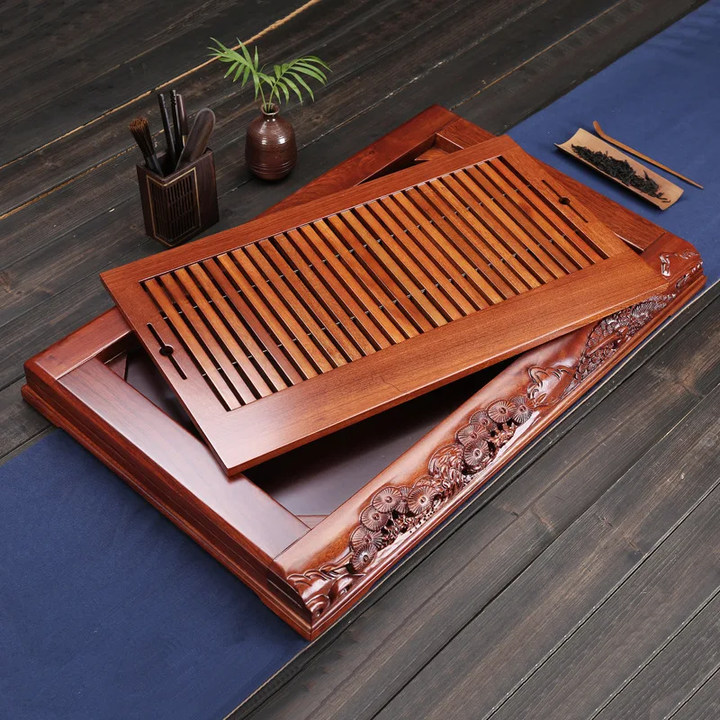 [Side Carving] Rosewood Tea Tray Solid Wood Frame Mortise and Tenon Pine Crane Carving Can Water Storage Tea Table