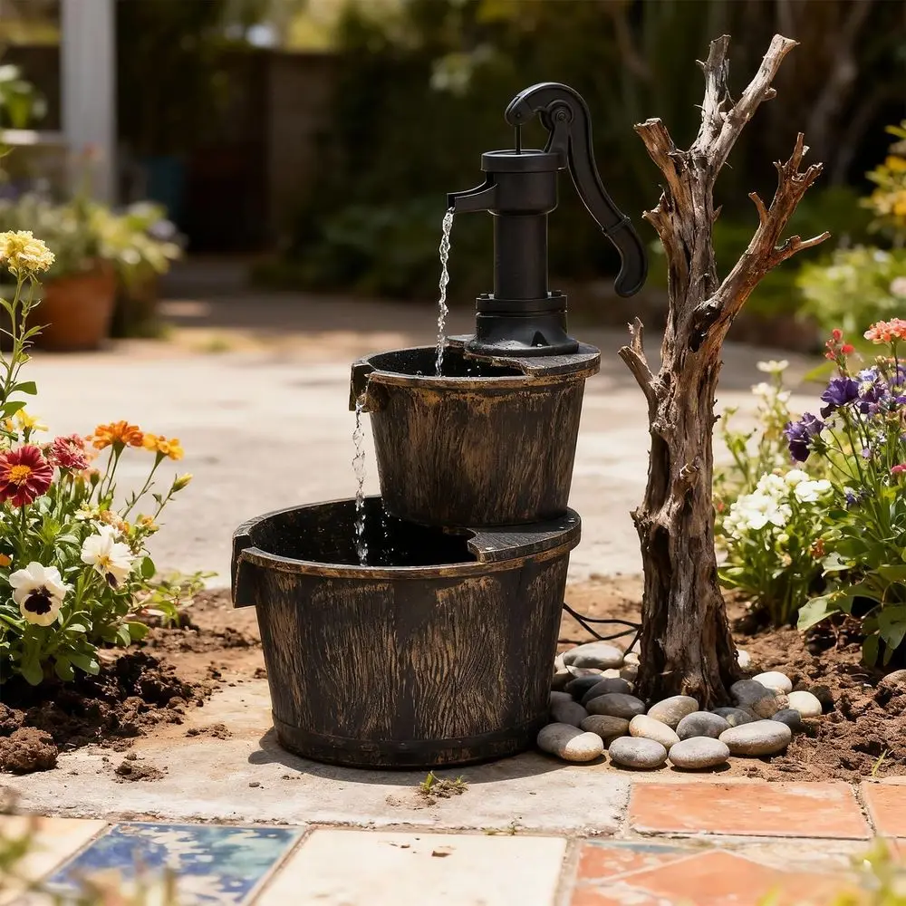 

Электрический фонтан-водопад высотой 27 дюймов, двухуровневый, в винтажном стиле, из полирезины, для использования в помещении или на улице, бронзовый