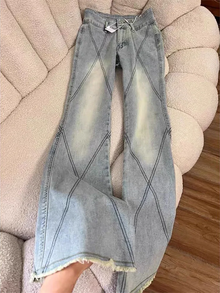 

plus Size Flare Denim Jeans Women's Spring New Slimming Frayed Design Elastic Floor-length Bell Pants High Waist Casual Style